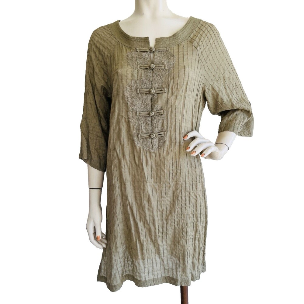 POON COTTON Brown Embroidered Tunic Top Asian Art to Wear Lagenlook Size S/M